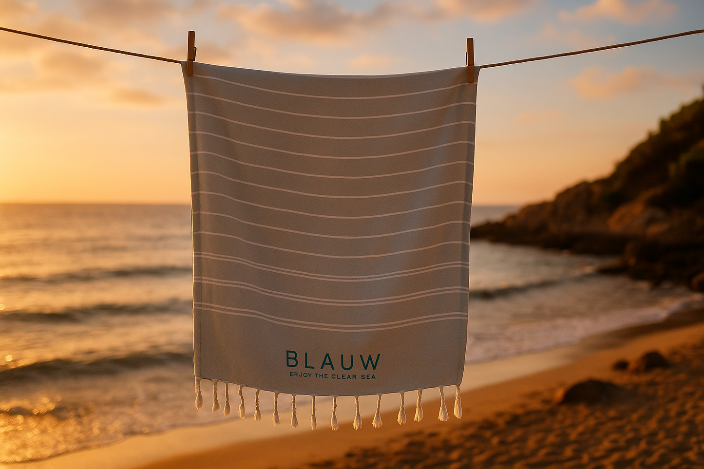 Sustainable beach towel made from 100% cotton hanging on a line at the beach; eco-friendly towel for ocean lovers and recycled swimwear accessories.