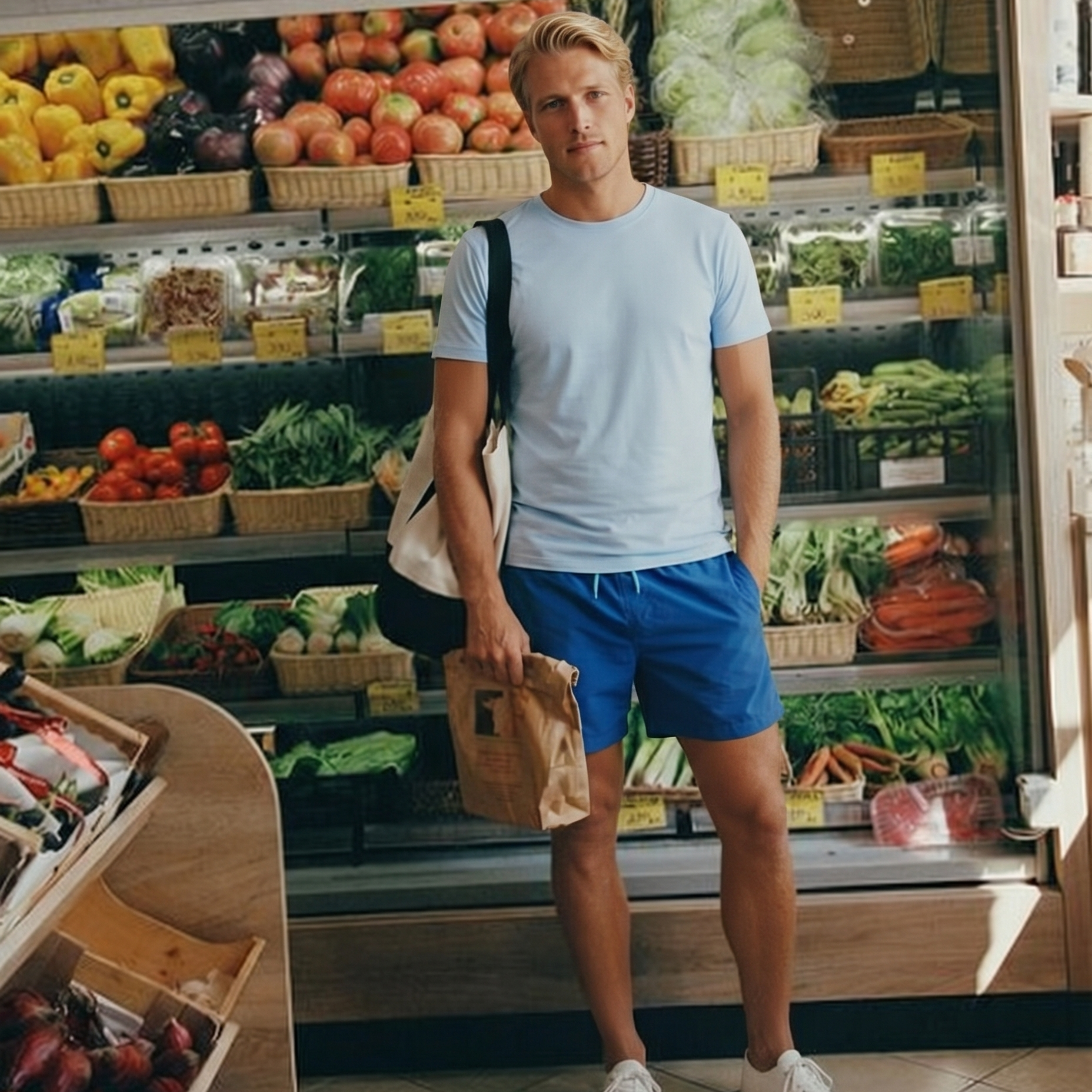Male wearing swim shorts in a grocery store