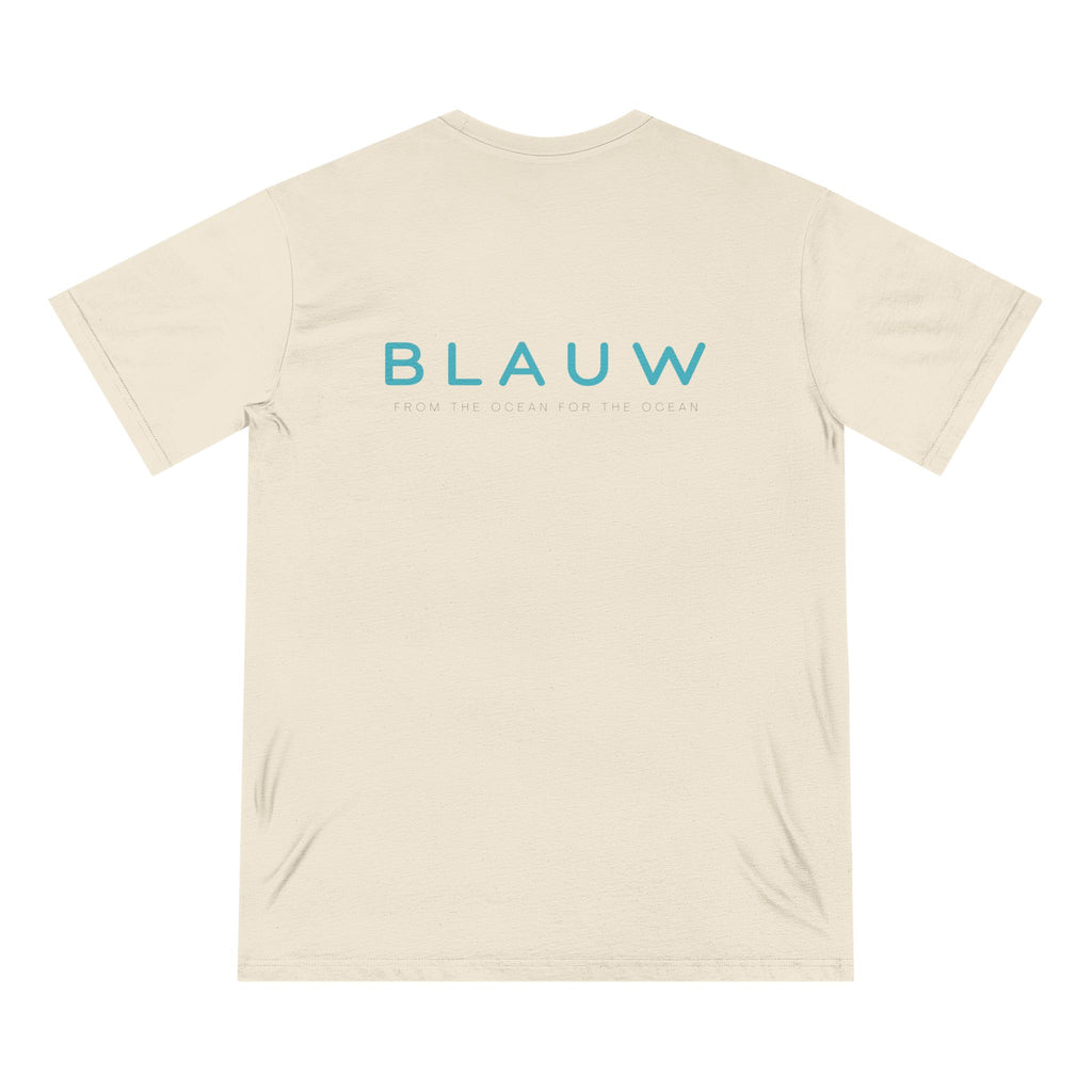 A cream-colored short-sleeve t-shirt with 'BLAUW' printed in a light blue sans-serif font across the chest, accompanied by the tagline 'FROM THE OCEAN FOR THE OCEAN' in smaller text below. The t-shirt is displayed flat against a solid white background.