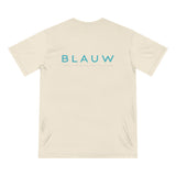 A cream-colored short-sleeve t-shirt with 'BLAUW' printed in a light blue sans-serif font across the chest, accompanied by the tagline 'FROM THE OCEAN FOR THE OCEAN' in smaller text below. The t-shirt is displayed flat against a solid white background.