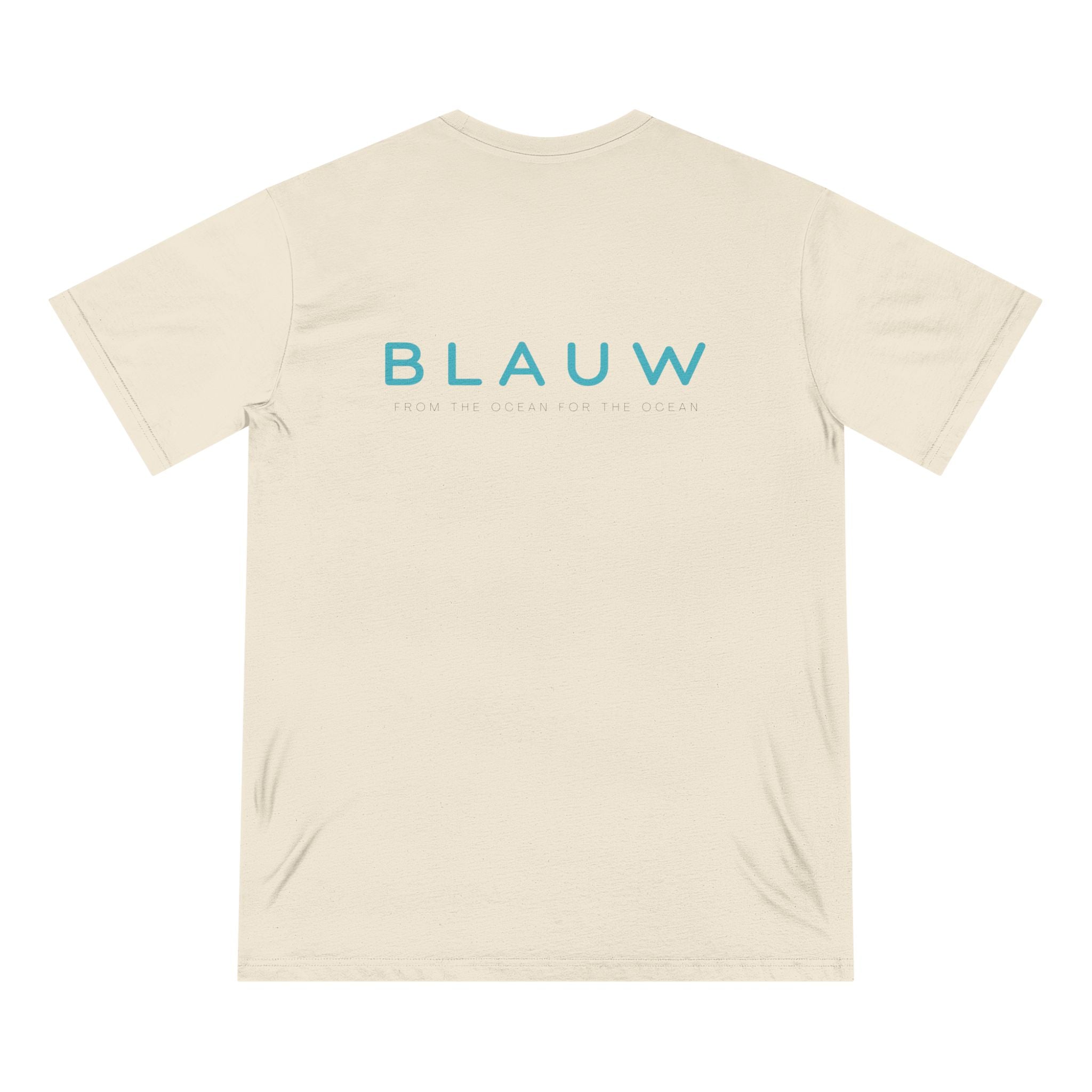 A cream-colored short-sleeve t-shirt with 'BLAUW' printed in a light blue sans-serif font across the chest, accompanied by the tagline 'FROM THE OCEAN FOR THE OCEAN' in smaller text below. The t-shirt is displayed flat against a solid white background.