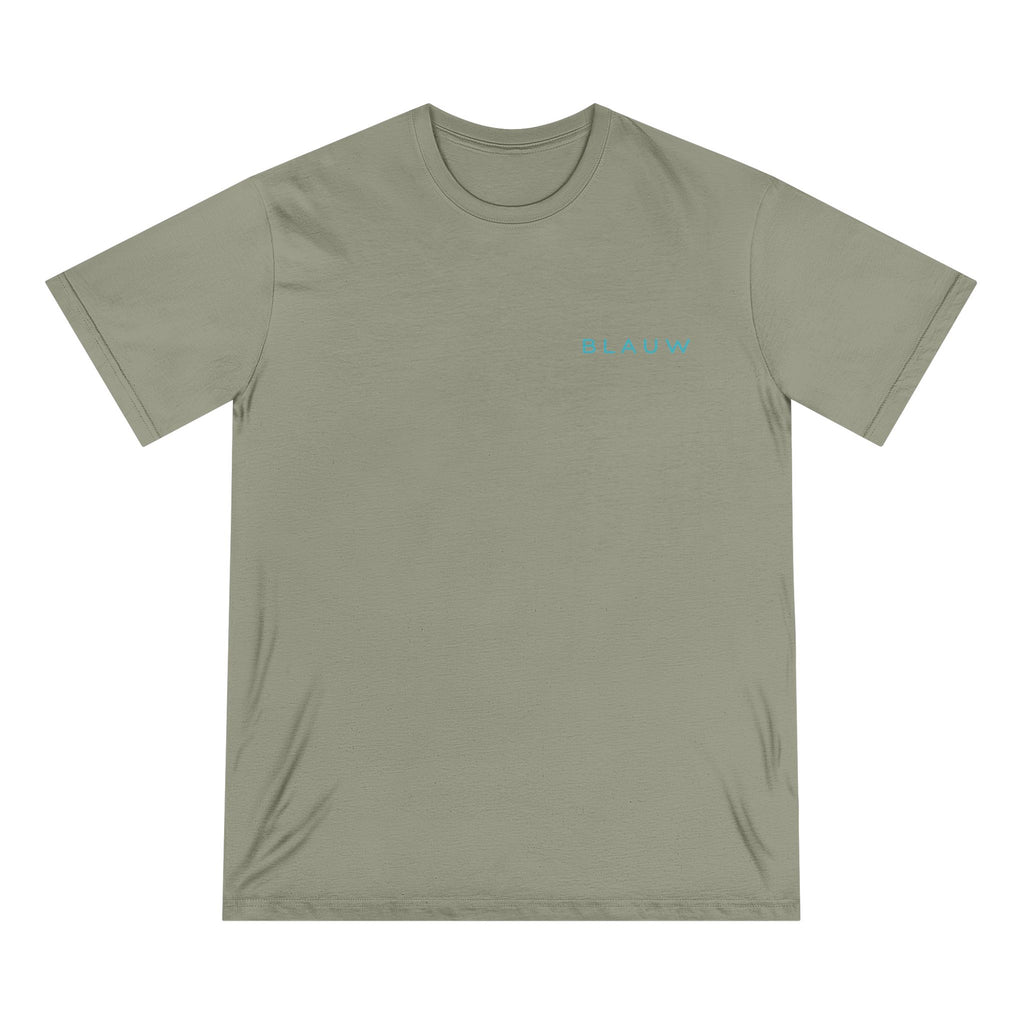 An olive green Blauw t-shirt with a small light blue text graphic on the left chest, displayed flat against a solid white background.