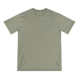 An olive green Blauw t-shirt with a small light blue text graphic on the left chest, displayed flat against a solid white background.