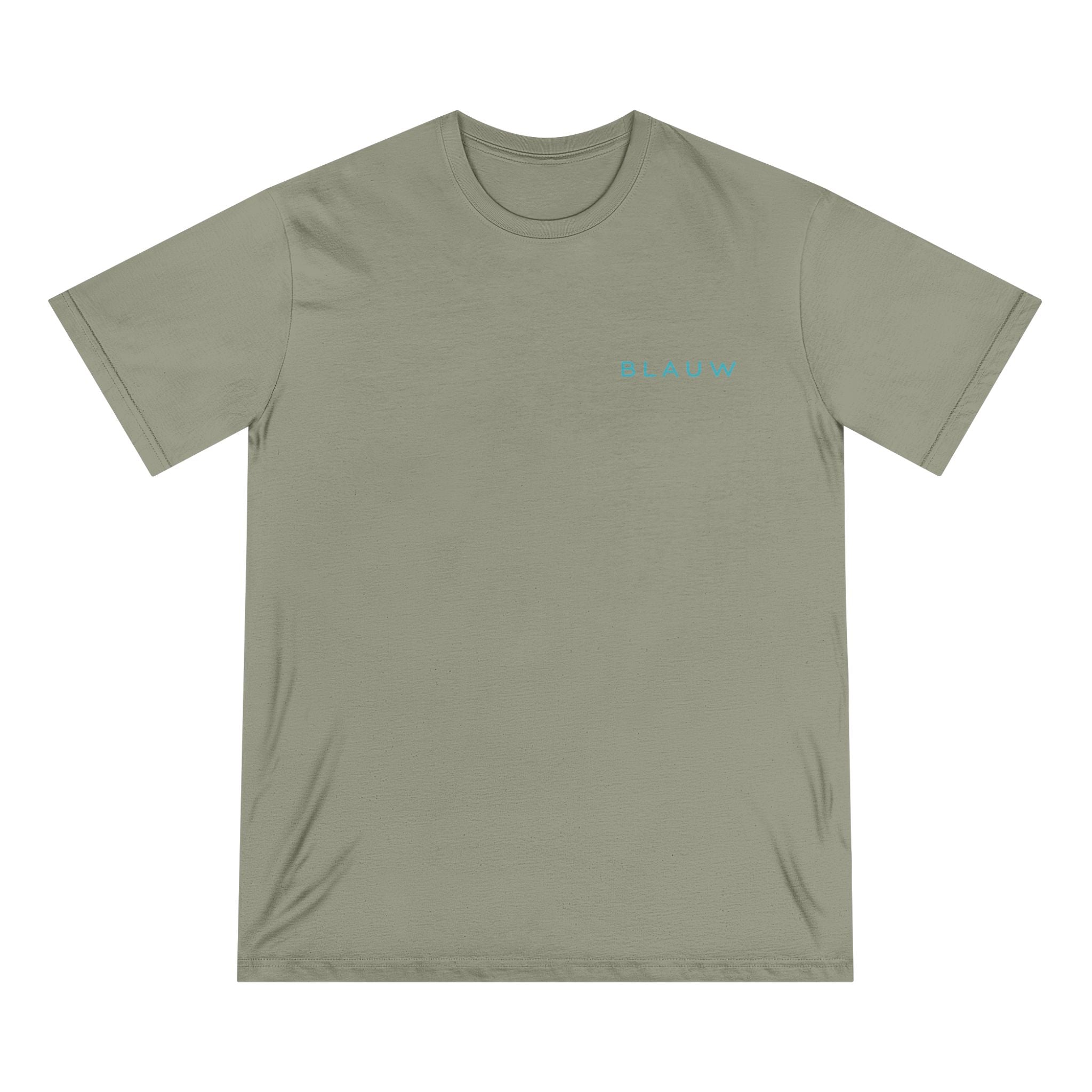 An olive green Blauw t-shirt with a small light blue text graphic on the left chest, displayed flat against a solid white background.
