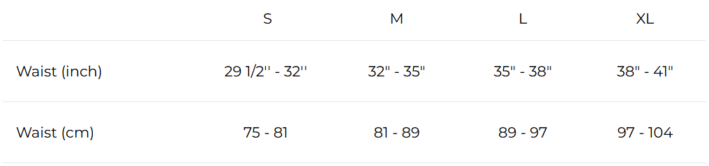 Measurement chart for waist size with S, M, L, XL labels and corresponding measurements.