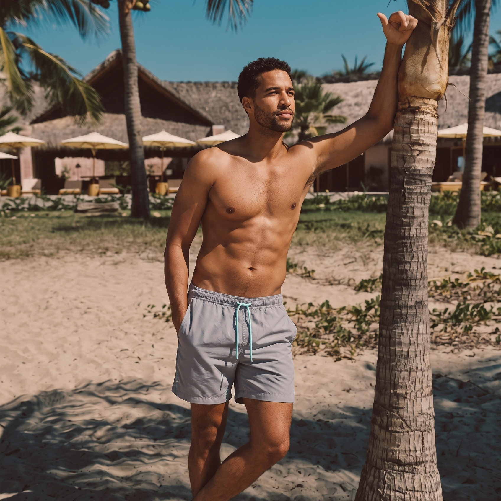 A shirtless man standing on a sandy beach next to a palm tree, wearing Misty Grey Blauw Short quick-dry swim trunks