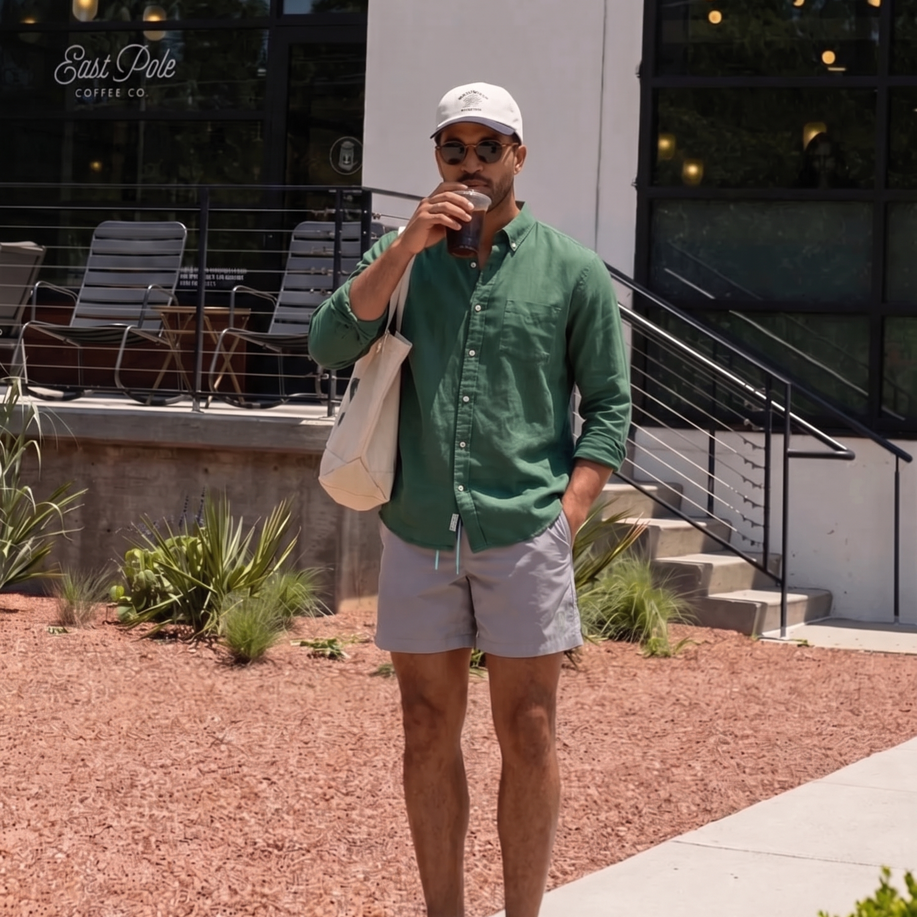 A man wearing a green button-down shirt, Misty Grey Blauw Short, a white cap, and sunglasses stands outdoors on a sidewalk in front of a modern building, holding a coffee cup and carrying a cream tote bag.