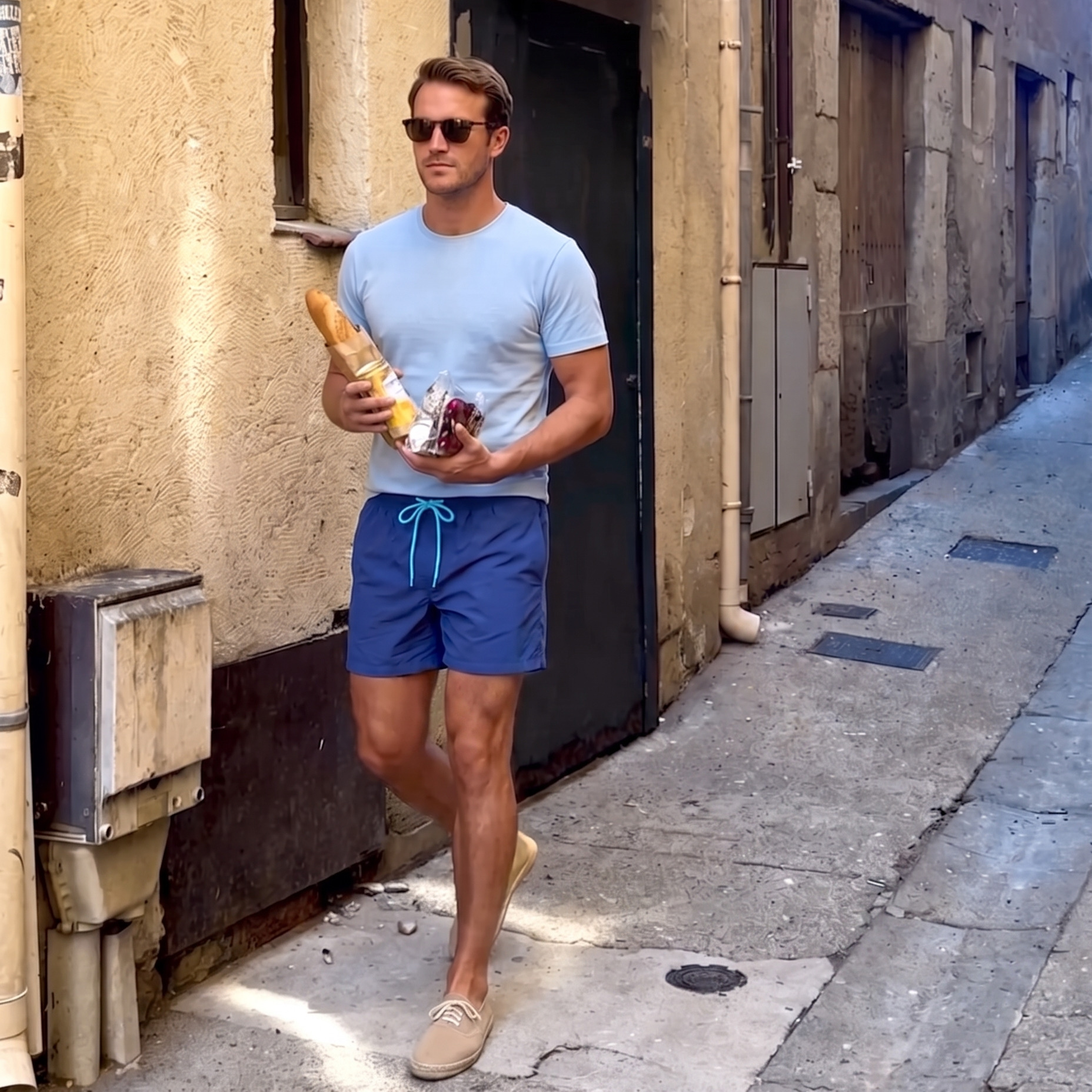 A man wearing a light blue crewneck t-shirt, quick drying blue swim shorts, and beige sneakers